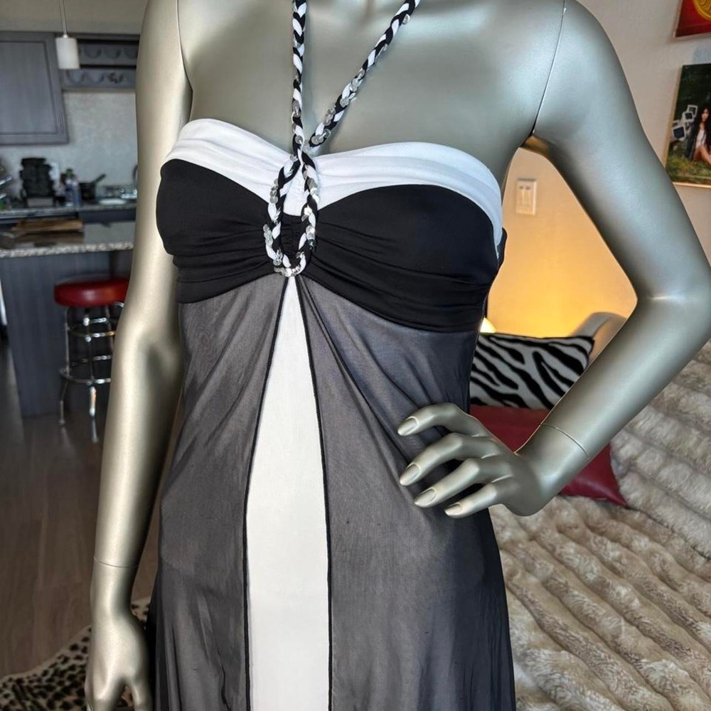 Y2K Halter Mesh Maxi Dress Black White Sheer B Darlin 🍒